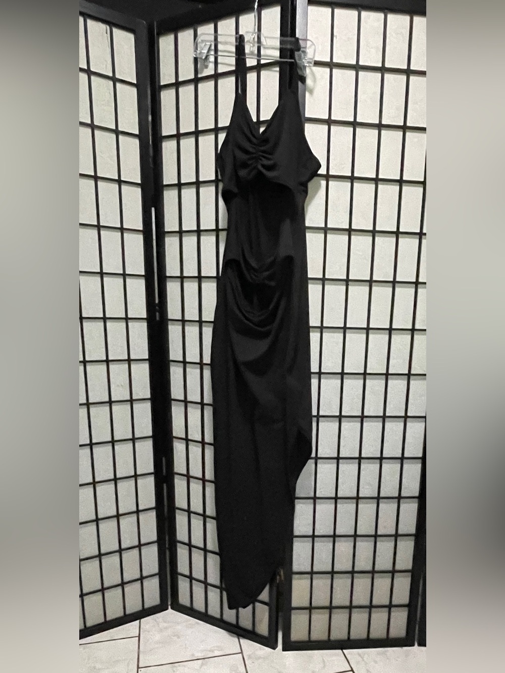 Black Ruched Maxi Dress with Draped Front